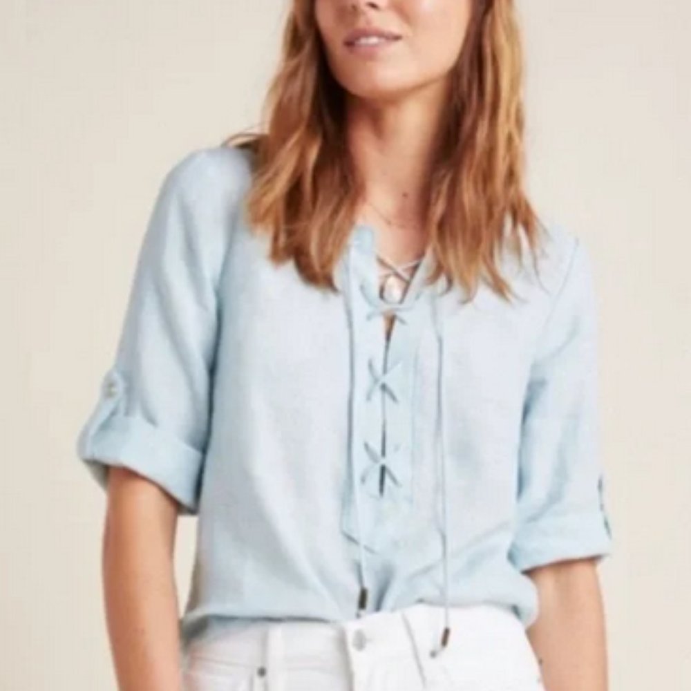 Anthropologie Maeve 100% Linen Marva Lace Up Tassel Neck Top 3/4 Roll Tab Sleeve